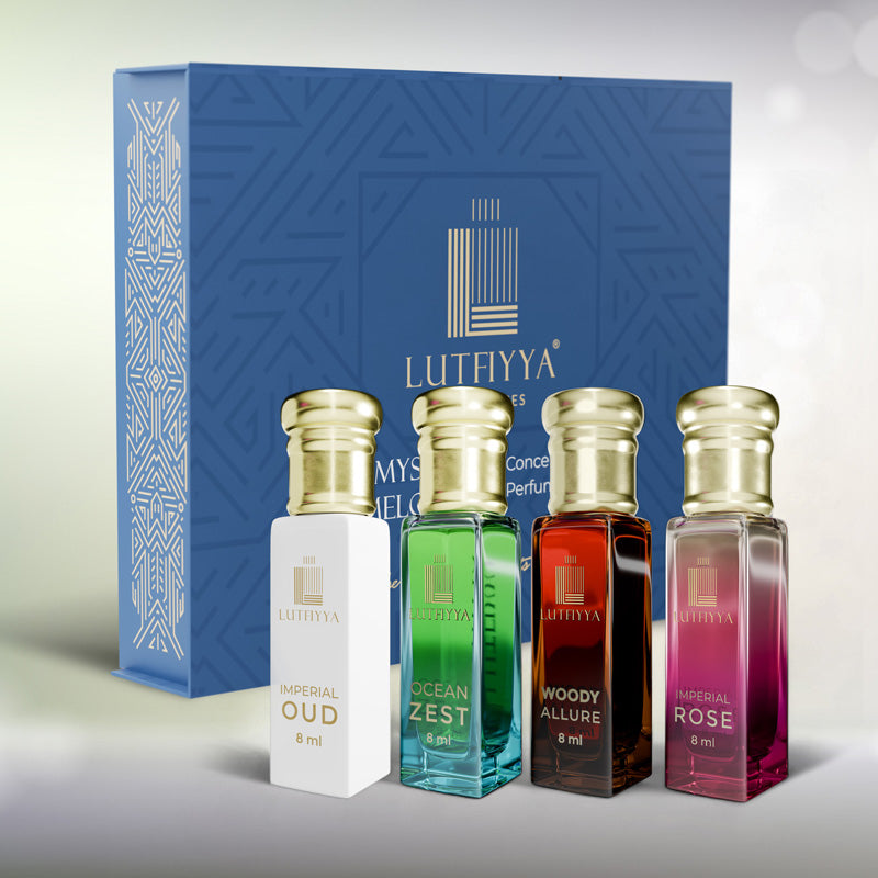 Long-lasting Unisex Fragrances | Includes Imperial Oudh, Ocean Zest, Woody Allure, Imperial Rose | Lutfiyya Non-alcoholic Roll-on Attar Set (8ml X 4)