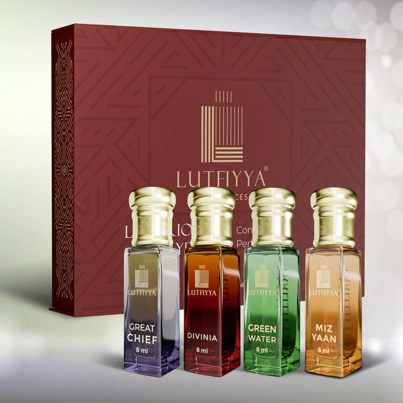 Long-lasting Unisex Fragrances | Includes Great Chief, Divinia, Green Water, Mizyaan  | Lutfiyya Non-alcoholic Roll-on Attar Set (8ml X 4)