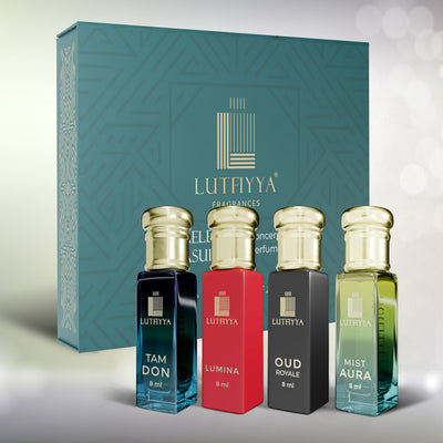 Long-lasting Unisex Fragrances | Includes Tam Don, Lumina, Oud Royale, Mist Aura | Lutfiyya Non-alcoholic Roll-on Attar Set (8ml X 4)
