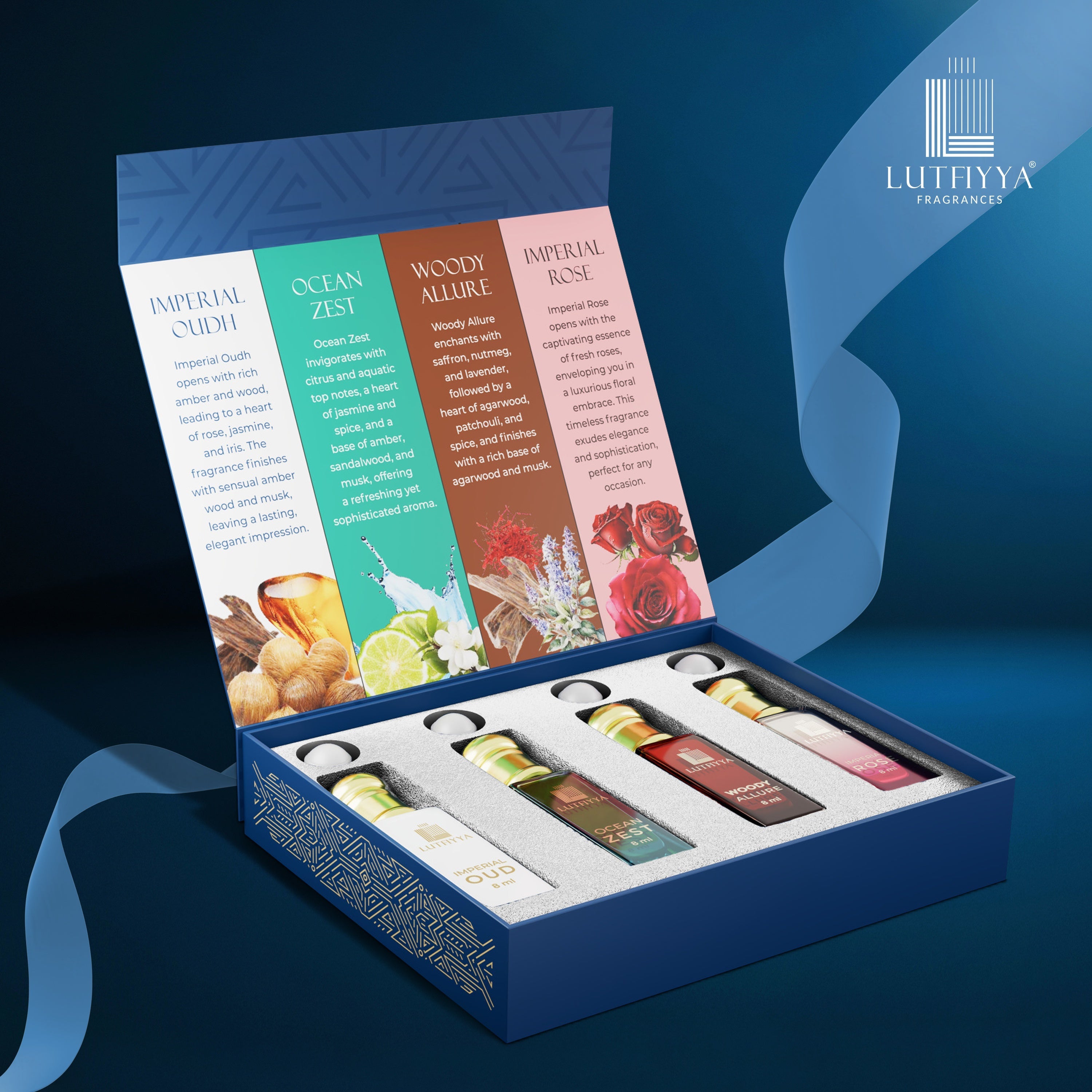 Long-lasting Unisex Fragrances | Includes Imperial Oudh, Ocean Zest, Woody Allure, Imperial Rose | Lutfiyya Non-alcoholic Roll-on Attar Set (8ml X 4)
