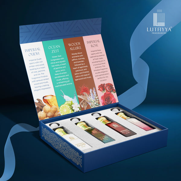 Long-lasting Unisex Fragrances | Includes Imperial Oudh, Ocean Zest, Woody Allure, Imperial Rose | Lutfiyya Non-alcoholic Roll-on Attar Set (8ml X 4)