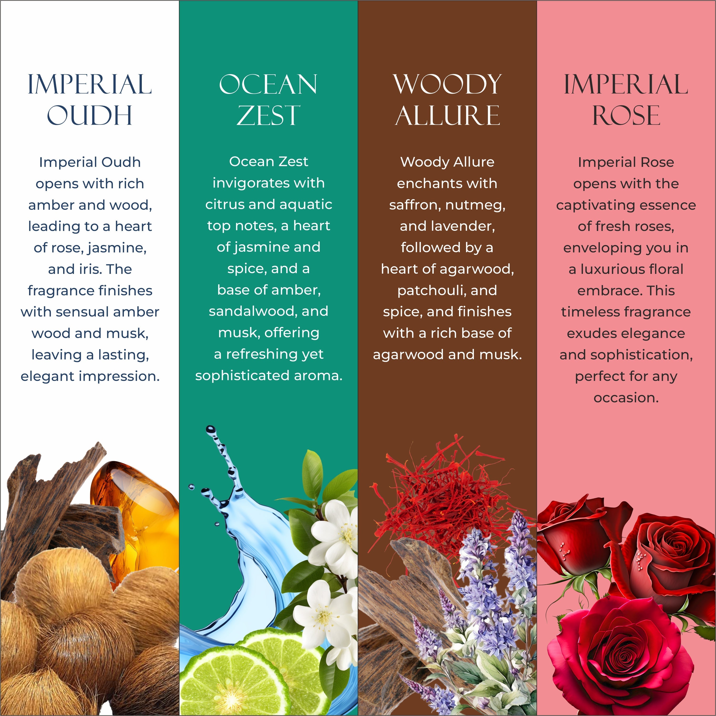 Long-lasting Unisex Fragrances | Includes Imperial Oudh, Ocean Zest, Woody Allure, Imperial Rose | Lutfiyya Non-alcoholic Roll-on Attar Set (8ml X 4)