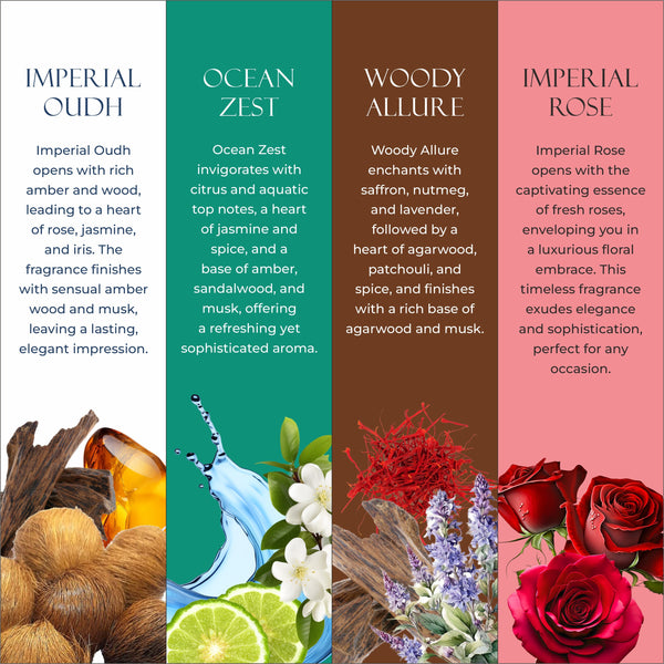 Long-lasting Unisex Fragrances | Includes Imperial Oudh, Ocean Zest, Woody Allure, Imperial Rose | Lutfiyya Non-alcoholic Roll-on Attar Set (8ml X 4)