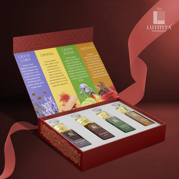 Long-lasting Unisex Fragrances | Includes Great Chief, Divinia, Green Water, Mizyaan  | Lutfiyya Non-alcoholic Roll-on Attar Set (8ml X 4)