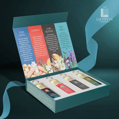 Long-lasting Unisex Fragrances | Includes Tam Don, Lumina, Oud Royale, Mist Aura | Lutfiyya Non-alcoholic Roll-on Attar Set (8ml X 4)