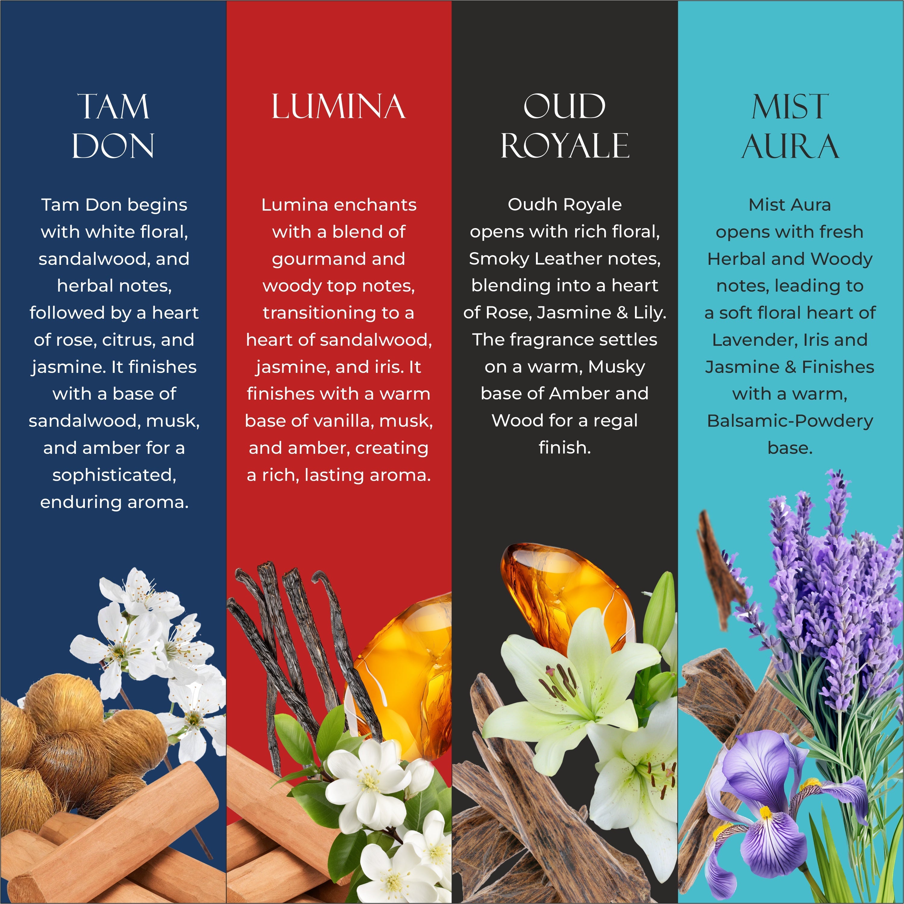Long-lasting Unisex Fragrances | Includes Tam Don, Lumina, Oud Royale, Mist Aura | Lutfiyya Non-alcoholic Roll-on Attar Set (8ml X 4)